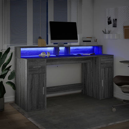 Scrivania con Luci LED Grigio Sonoma 160x55x91cm in Multistrato | homemem39