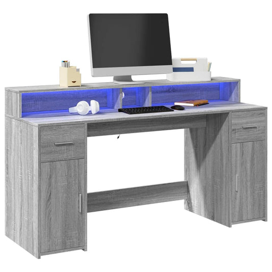 Scrivania con Luci LED Grigio Sonoma 160x55x91cm in Multistrato - homemem39