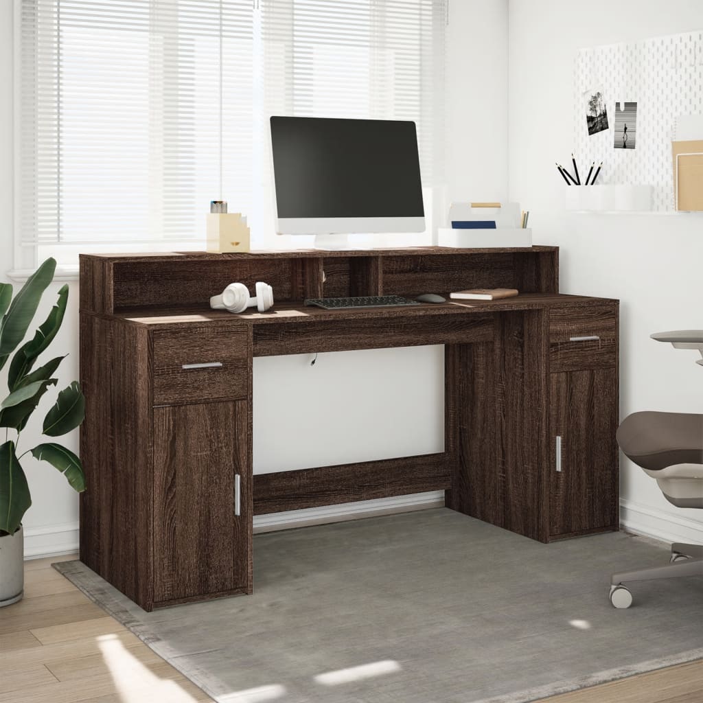 Scrivania con Luci LED Marrone Rovere 160x55x91 cm Multistrato