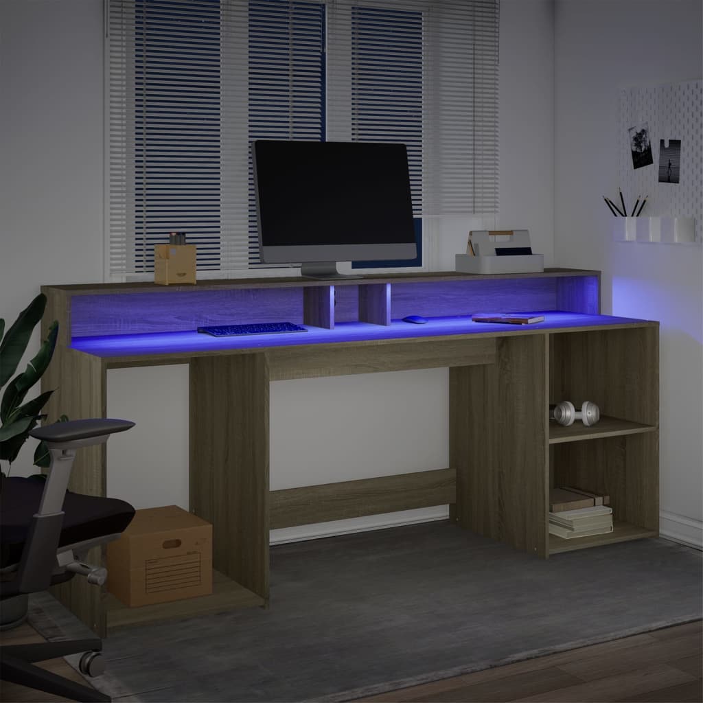 Scrivania con Luci LED Rovere Sonoma 200x55x91cm in Truciolato - homemem39