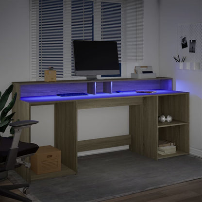 Scrivania con Luci LED Rovere Sonoma 200x55x91cm in Truciolato - homemem39