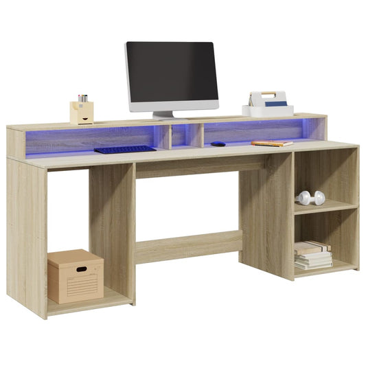 Scrivania con Luci LED Rovere Sonoma 200x55x91cm in Truciolato - homemem39