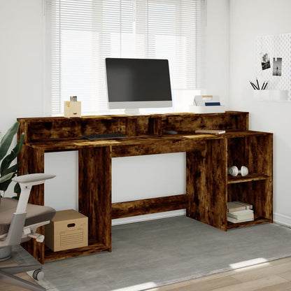Scrivania con Luci LED Rovere Fumo 200x55x91 cm in Truciolato | homemem39