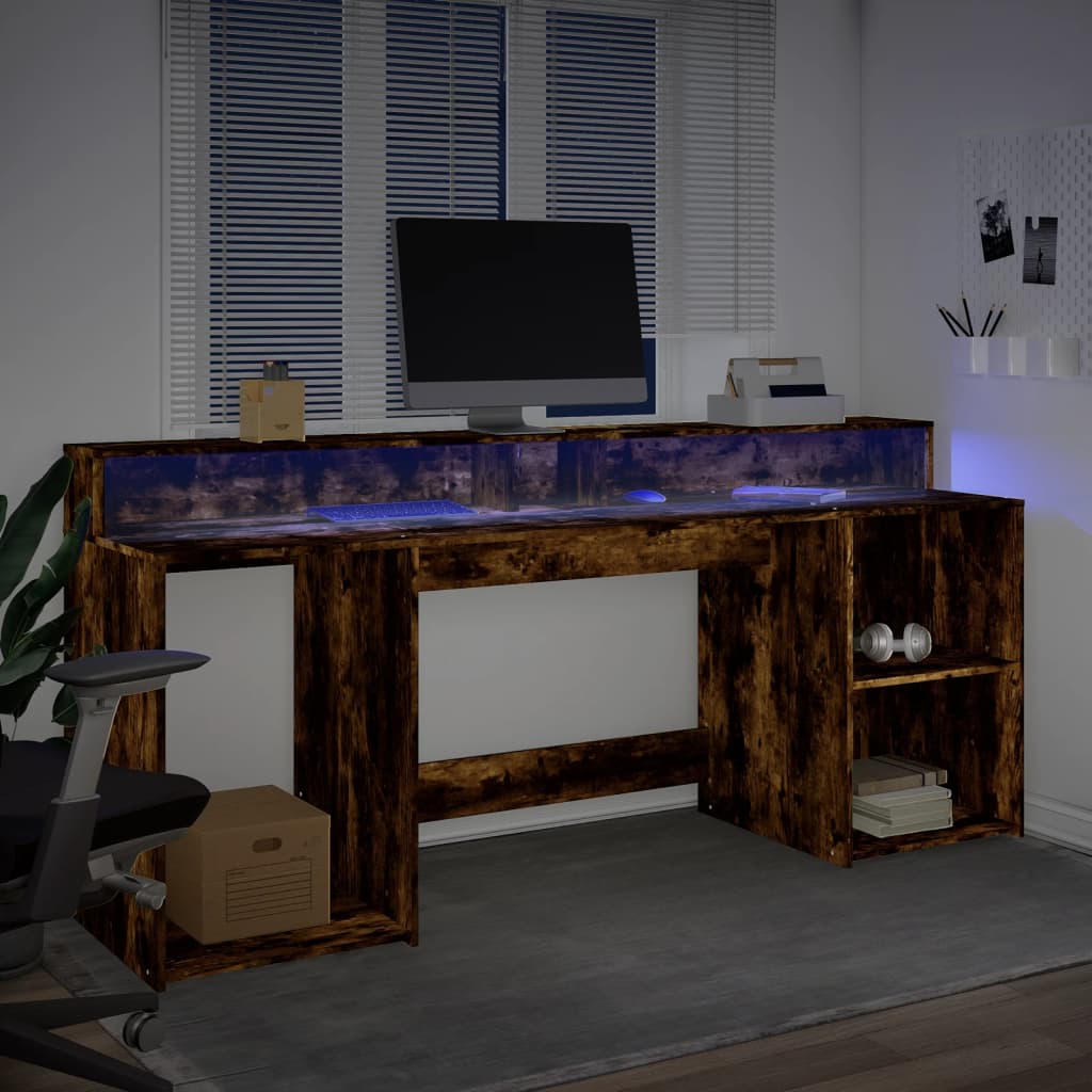Scrivania con Luci LED Rovere Fumo 200x55x91 cm in Truciolato | homemem39