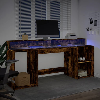 Scrivania con Luci LED Rovere Fumo 200x55x91 cm in Truciolato | homemem39