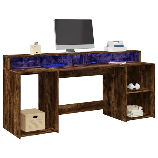 Scrivania con Luci LED Rovere Fumo 200x55x91 cm in Truciolato - homemem39