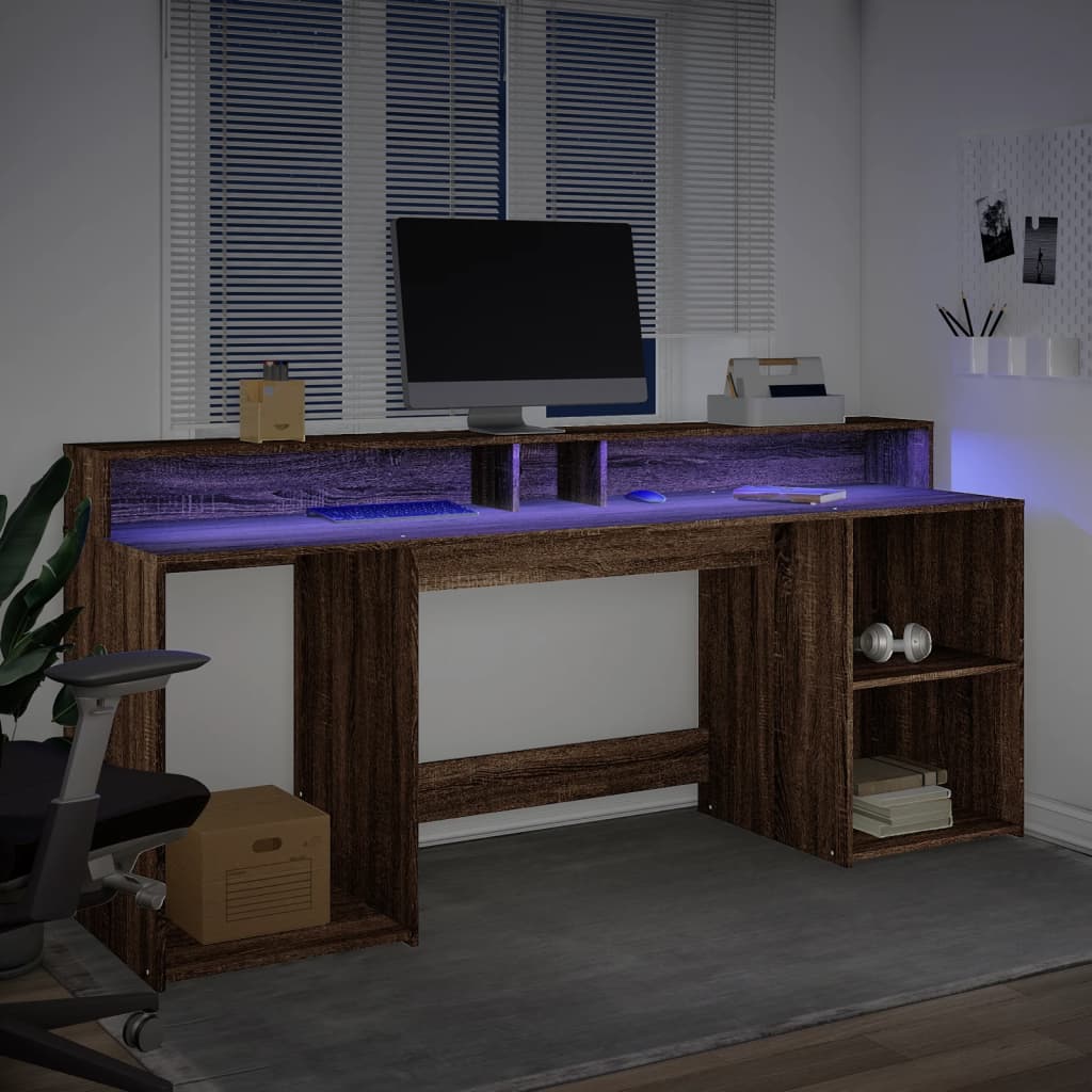 Scrivania con Luci LED Marrone Rovere 200x55x91 cm Truciolato - homemem39