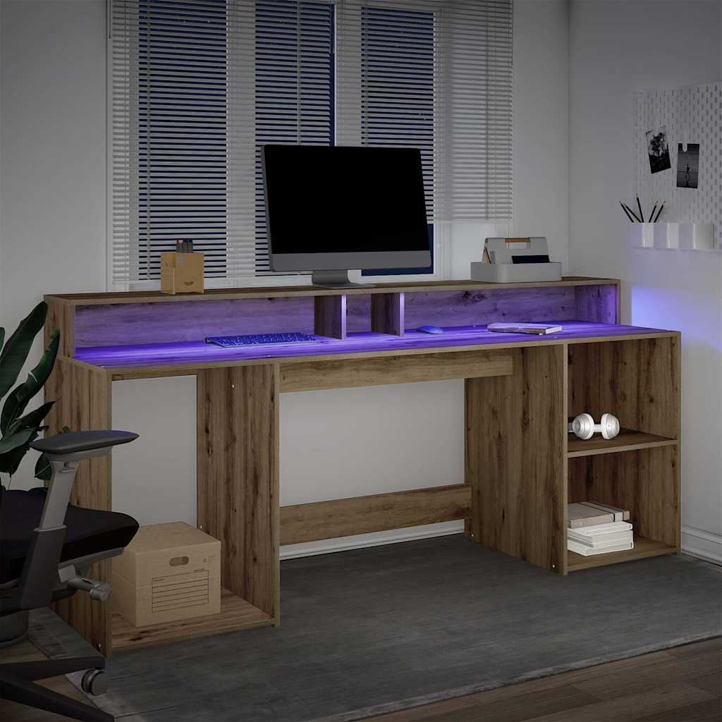 Scrivania con LED Rovere Artigianale 200x55x91 cm in Truciolato - homemem39
