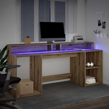 Scrivania con LED Rovere Artigianale 200x55x91 cm in Truciolato - homemem39