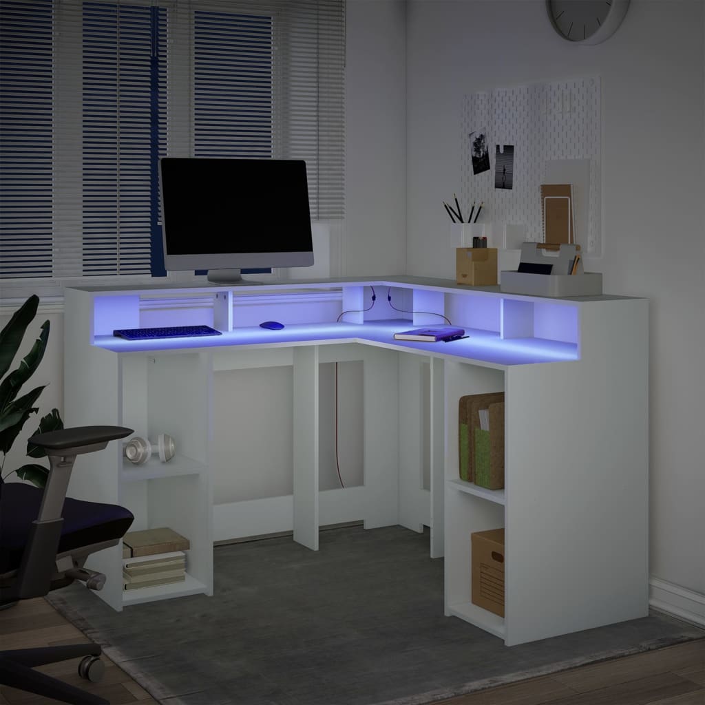 Scrivania con Luci LED Bianca 130x130x91 cm in Truciolato - homemem39