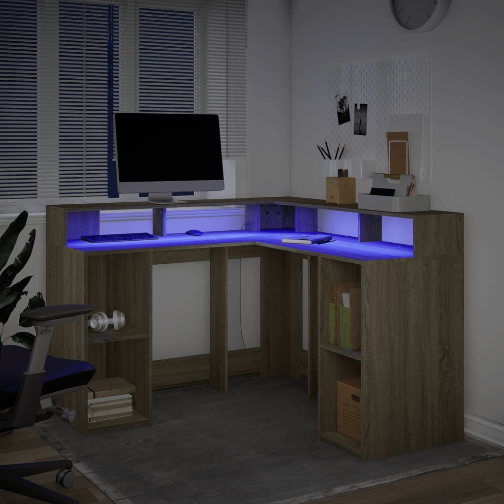 Scrivania con Luci LED Rovere Sonoma 130x130x91cm in Truciolato | homemem39