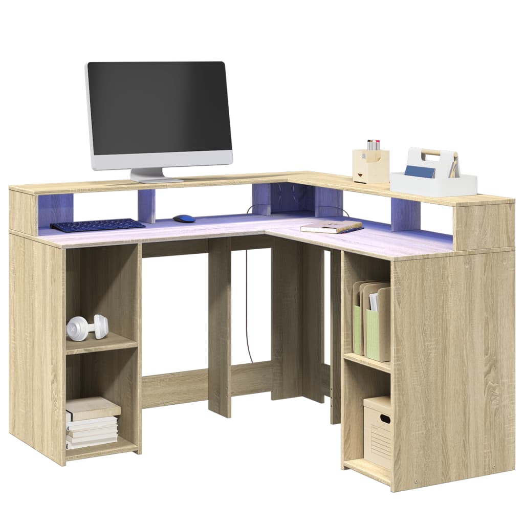 Scrivania con Luci LED Rovere Sonoma 130x130x91cm in Truciolato - homemem39
