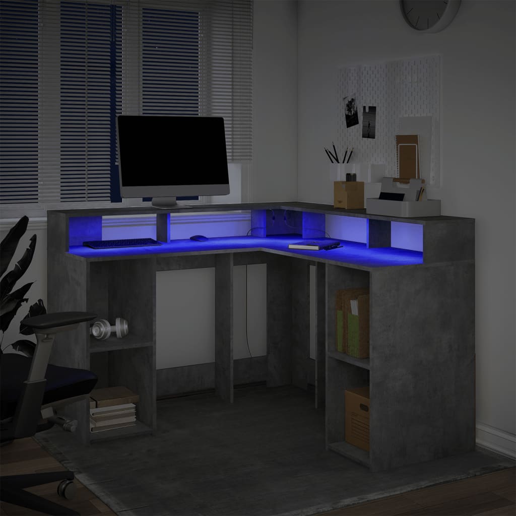 Scrivania con Luci LED Grigio Cemento 130x130x91 cm Multistrato | homemem39
