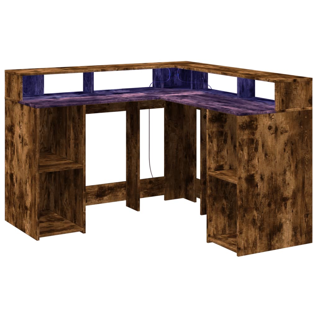 Scrivania con Luci LED Rovere Fumo 130x130x91 cm in Truciolato - homemem39
