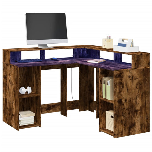 Scrivania con Luci LED Rovere Fumo 130x130x91 cm in Truciolato - homemem39