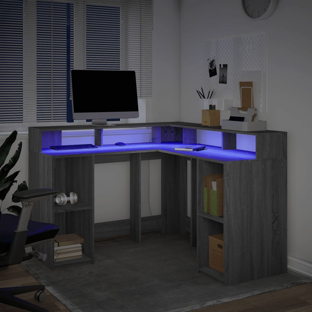 Scrivania con Luci LED Grigio Sonoma 130x130x91cm in Truciolato - homemem39