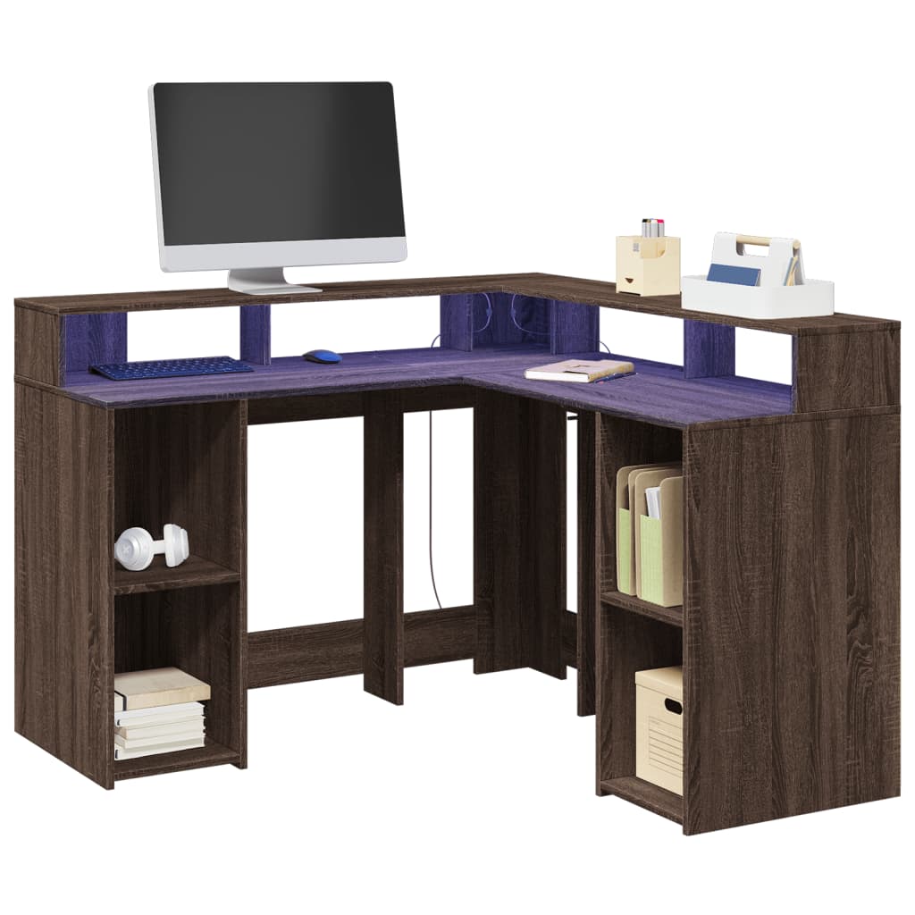 Scrivania con Luci LED Marrone Rovere 130x130x91 cm Truciolato - homemem39