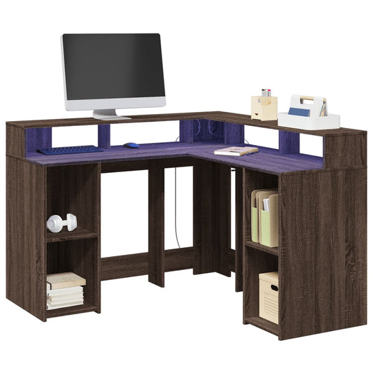 Scrivania con Luci LED Marrone Rovere 130x130x91 cm Truciolato - homemem39