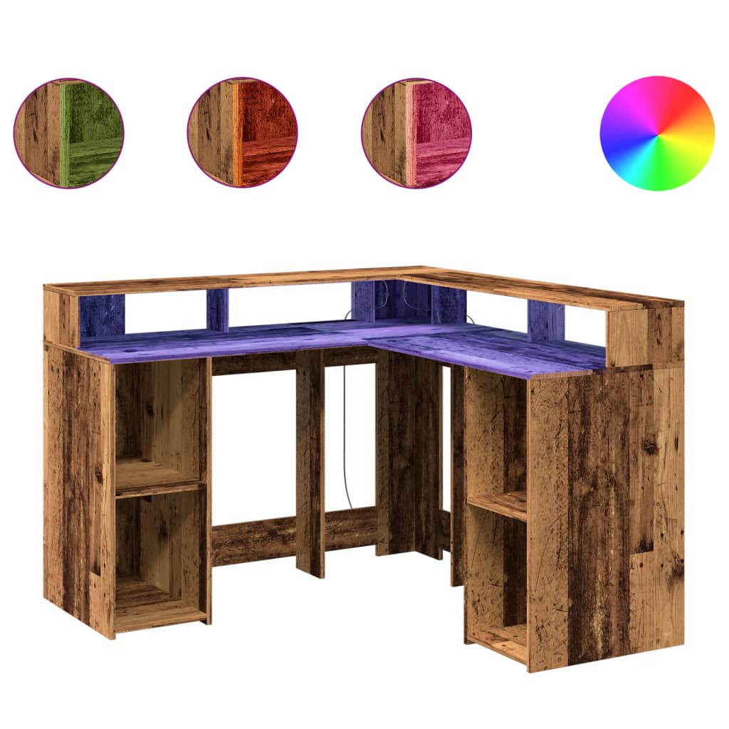 Scrivania con Luci LED Legno Antico 130x130x91 cm in Truciolato