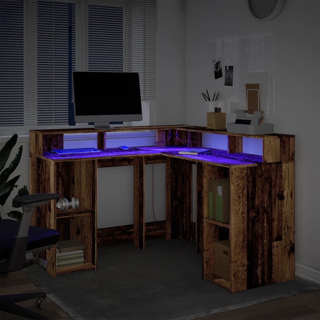 Scrivania con Luci LED Legno Antico 130x130x91 cm in Truciolato | homemem39