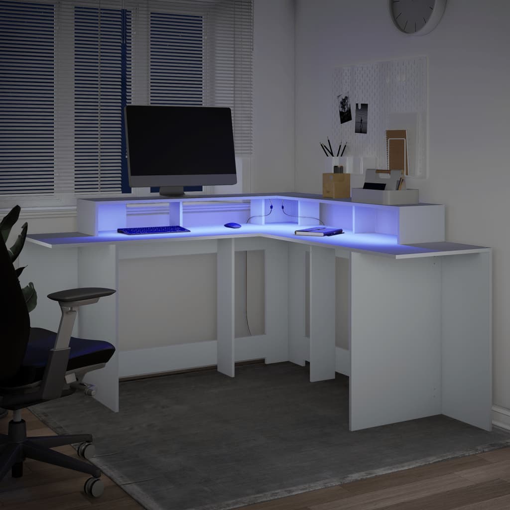 Scrivania con Luci LED Bianca 152x152x91 cm in Truciolato - homemem39