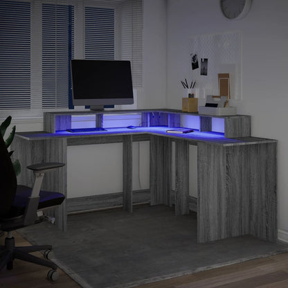 Scrivania con Luci LED Grigio Sonoma 152x152x91cm in Truciolato - homemem39