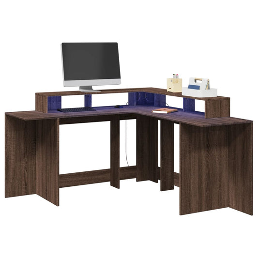Scrivania con Luci LED Marrone Rovere 152x152x91 cm Truciolato - homemem39