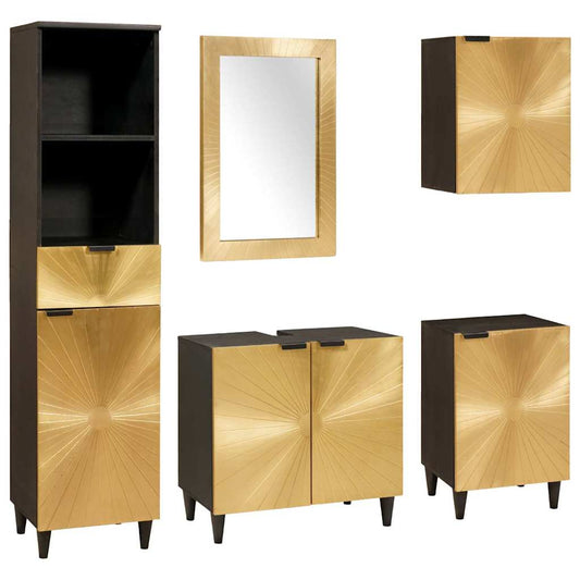 Set di Armadi da Bagno 5 pcs Nero e Oro Legno di mango massello
