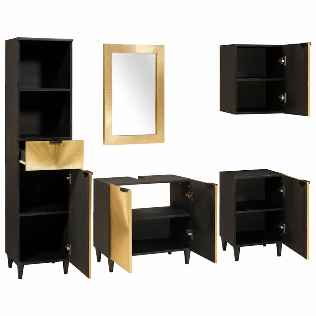 Set di Armadi da Bagno 5 pcs Nero e Oro Legno di mango massello