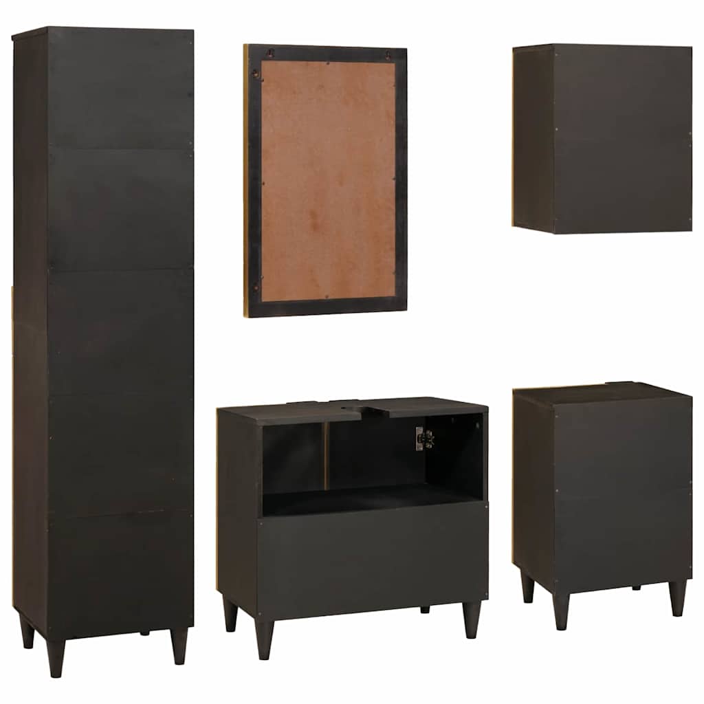 Set di Armadi da Bagno 5 pcs Nero e Oro Legno di mango massello