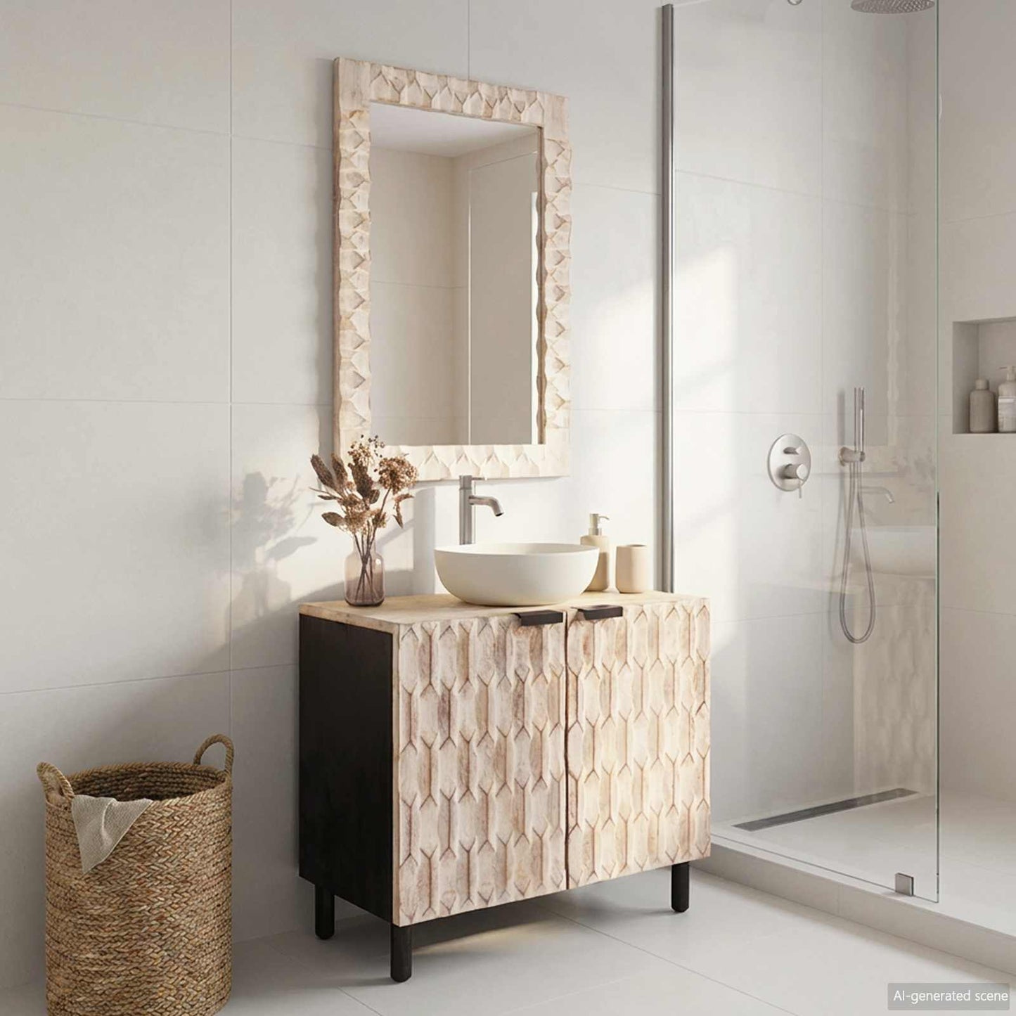 Set da Bagno Finitura Bianco Lavato Legno di mango massello | homemem39