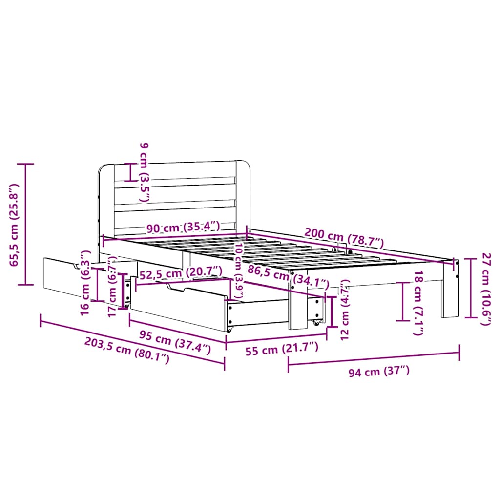 Letto senza Materasso 90x200 cm in Legno Massello di Pino