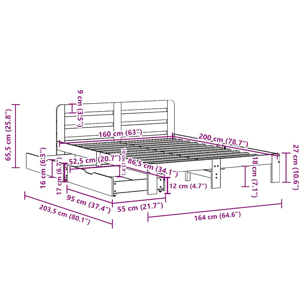 Giroletto senza Materasso 160x200 cm in Legno Massello di Pino