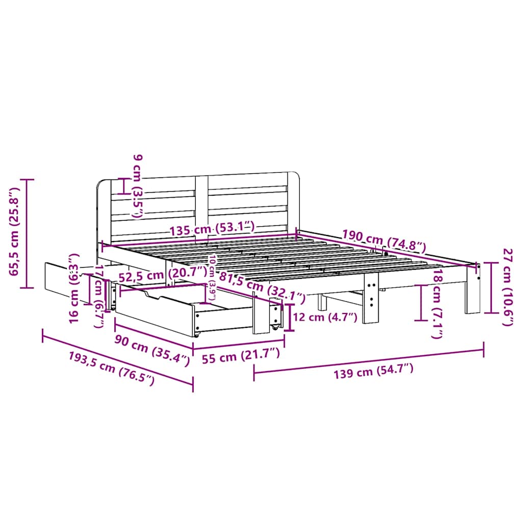 Letto senza Materasso Bianco 135x190 cm Legno Massello di Pino - homemem39