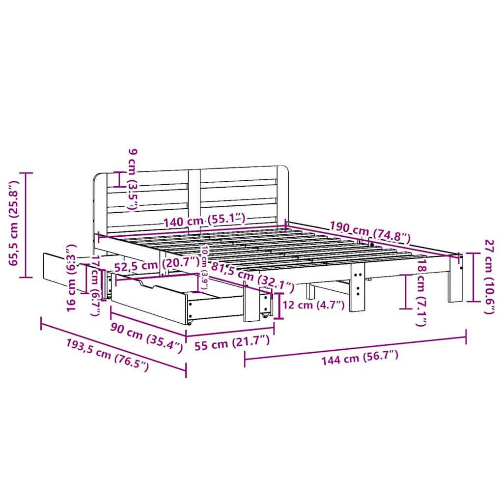 Letto senza Materasso Bianco 140x190 cm Legno Massello di Pino - homemem39