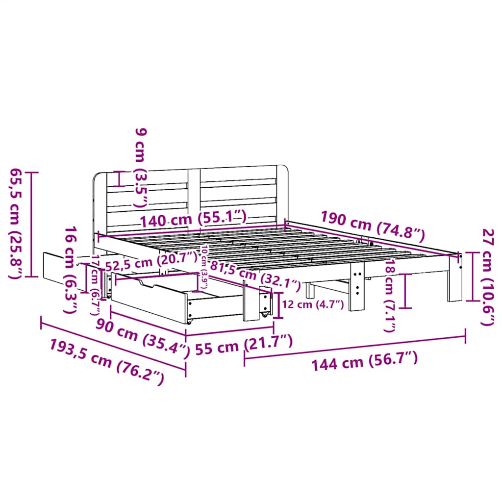 Letto senza Materasso Marrone Cera 140x190 cm in Legno di Pino | homemem39