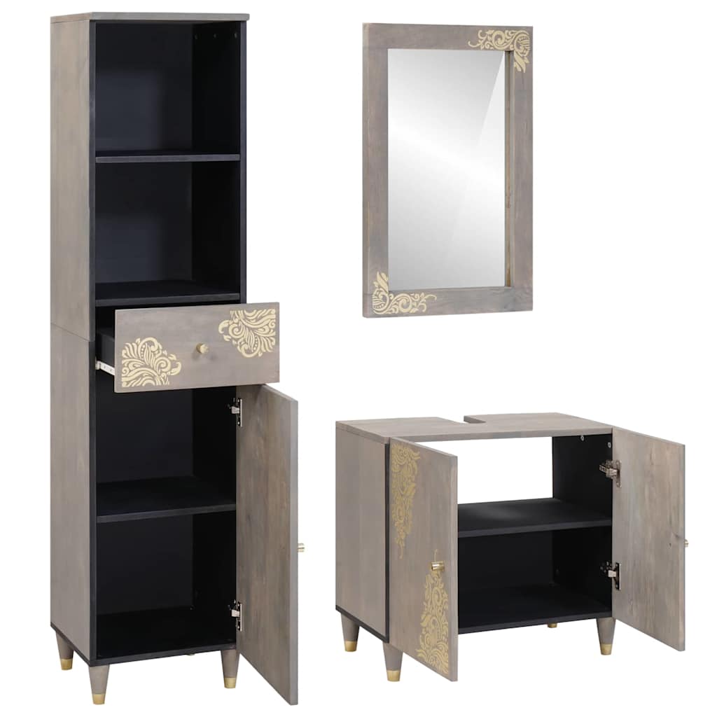 Set di Armadi da Bagno 3 pcs Grigio Legno di mango massello | homemem39