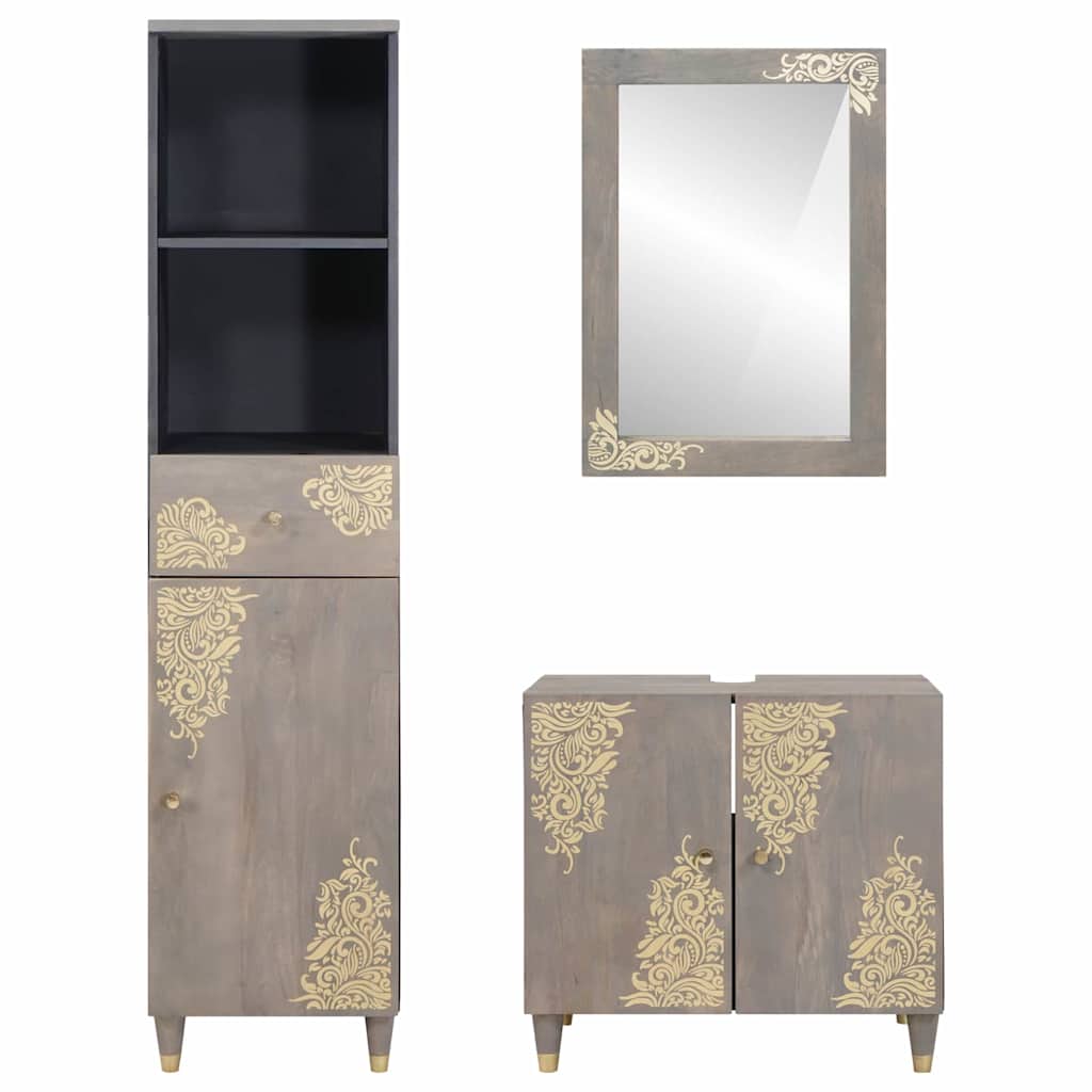 Set di Armadi da Bagno 3 pcs Grigio Legno di mango massello | homemem39