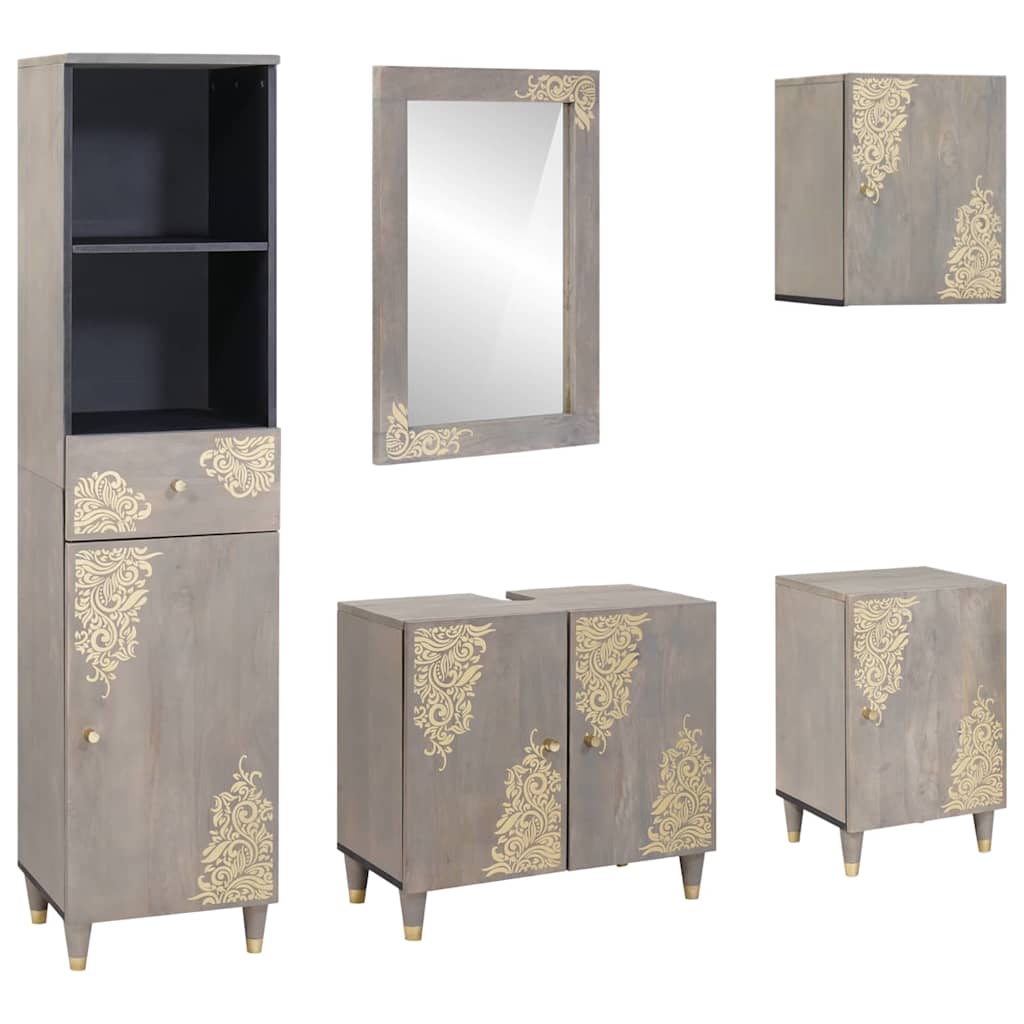 Set di Armadi da Bagno 5 pcs Grigio Legno di mango massello | homemem39