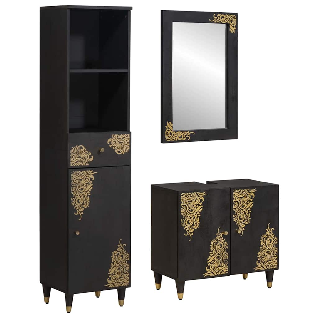 Set di Armadi da Bagno 3 pcs Nero Legno di mango massello | homemem39