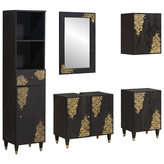 Set di Armadi da Bagno 5 pcs Nero Legno di mango massello | homemem39