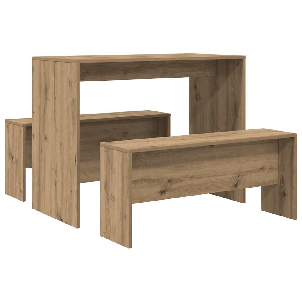 Set Tavolo da Pranzo e Panche 3pz Rovere Artigianale Truciolato