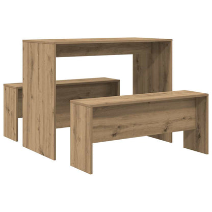 Set Tavolo da Pranzo e Panche 3pz Rovere Artigianale Truciolato