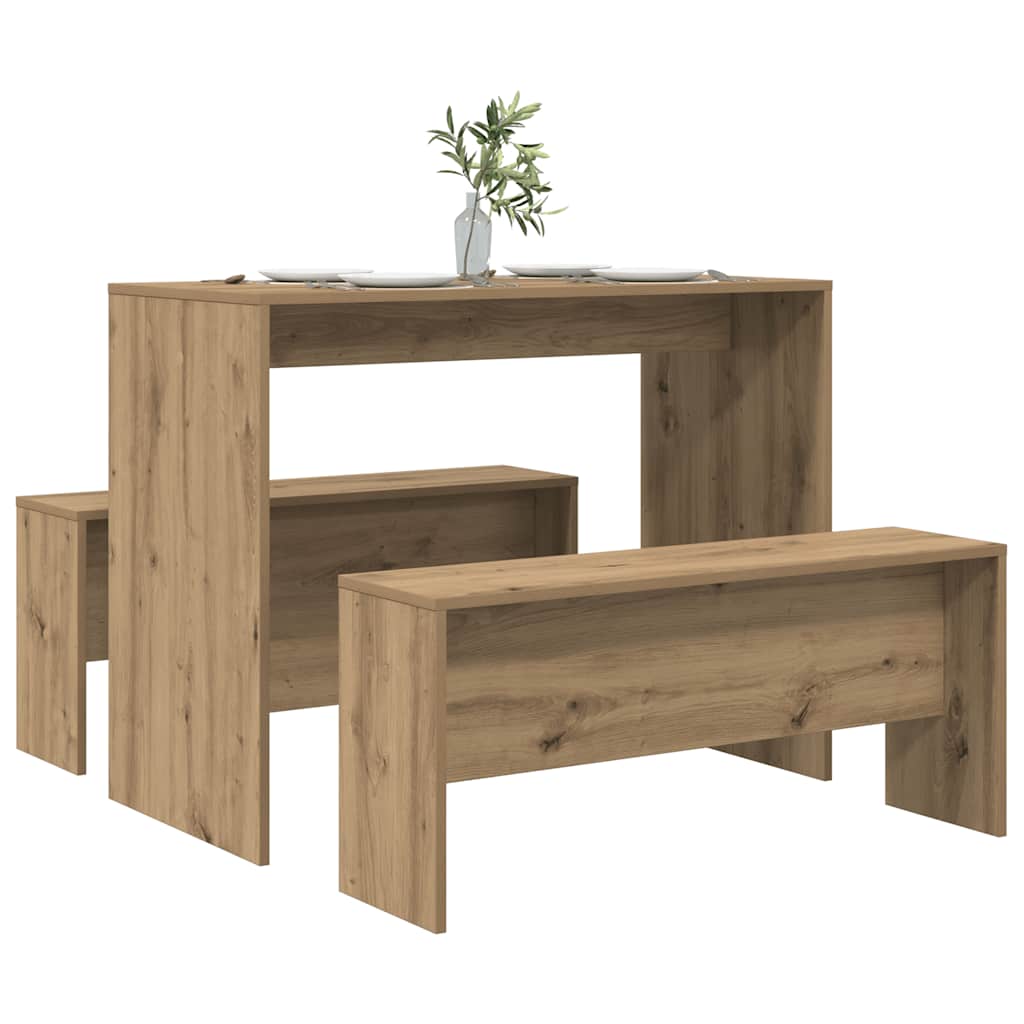 Set Tavolo da Pranzo e Panche 3pz Rovere Artigianale Truciolato