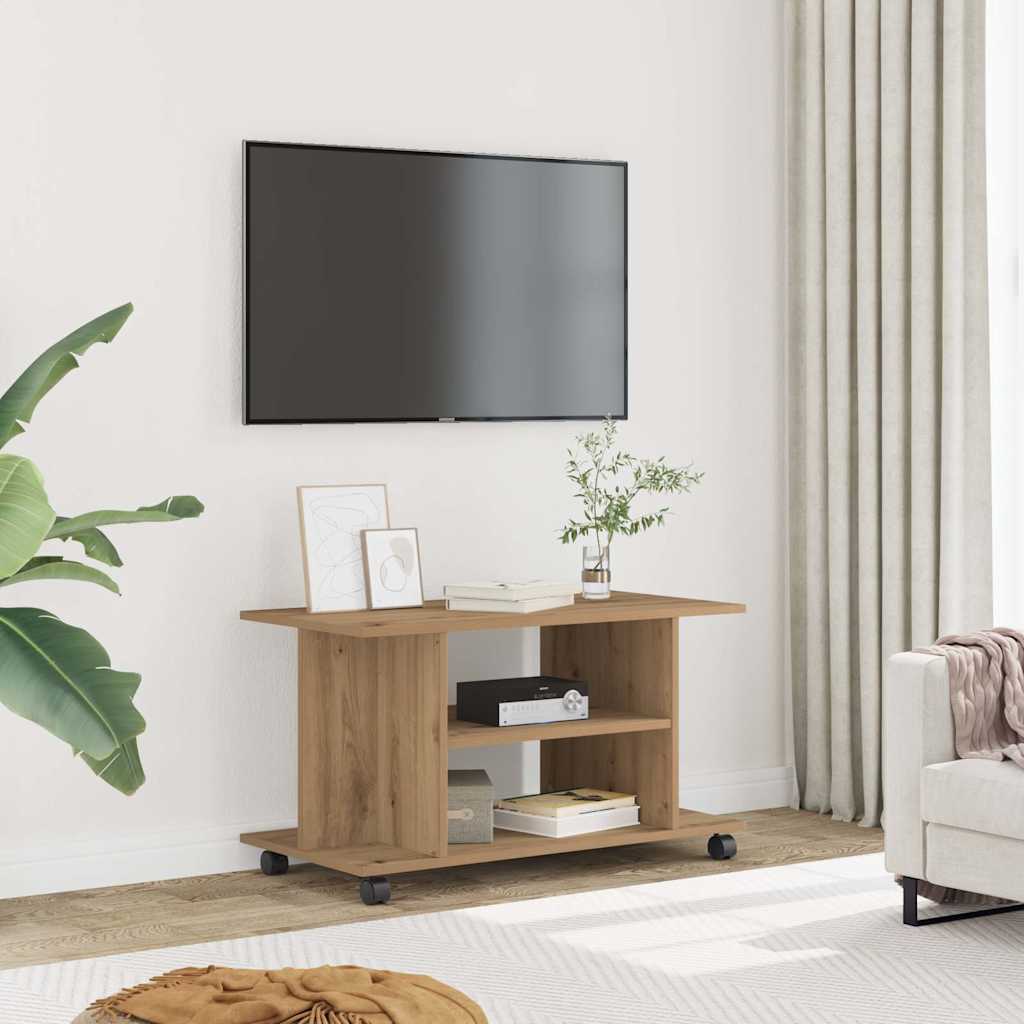 Mobile TV Ruote Rovere Artigianale 80x40x45cm Legno Multistrato - homemem39