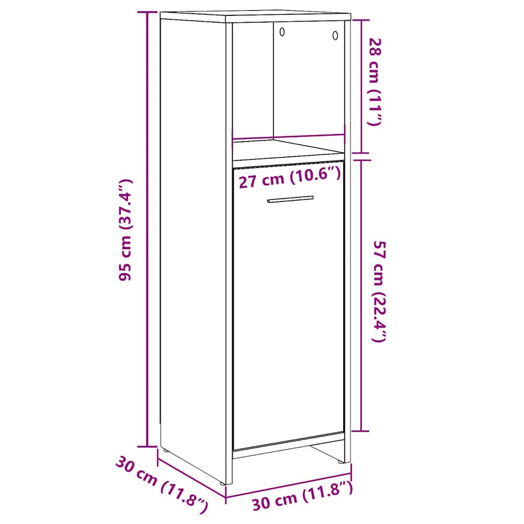 Mobile da Bagno Grigio Cemento 30x30x95 cm in Legno Multistrato