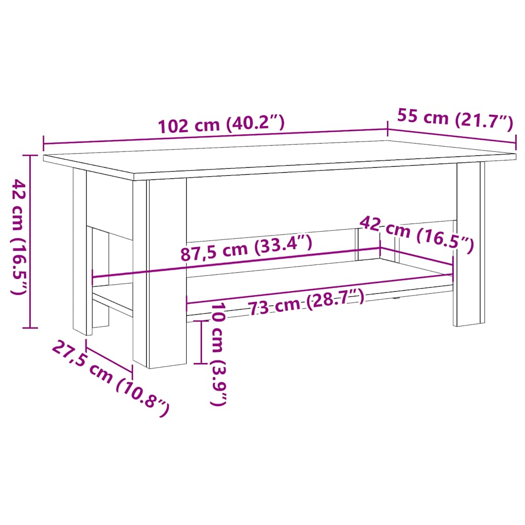 Tavolino da Salotto Legno Antico 102x55x42 cm Legno Multistrato | homemem39
