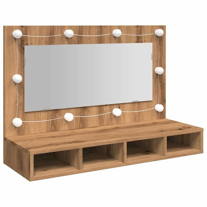 Mobiletto a specchio con LED in rovere artigianale 90x31,5x62 cm