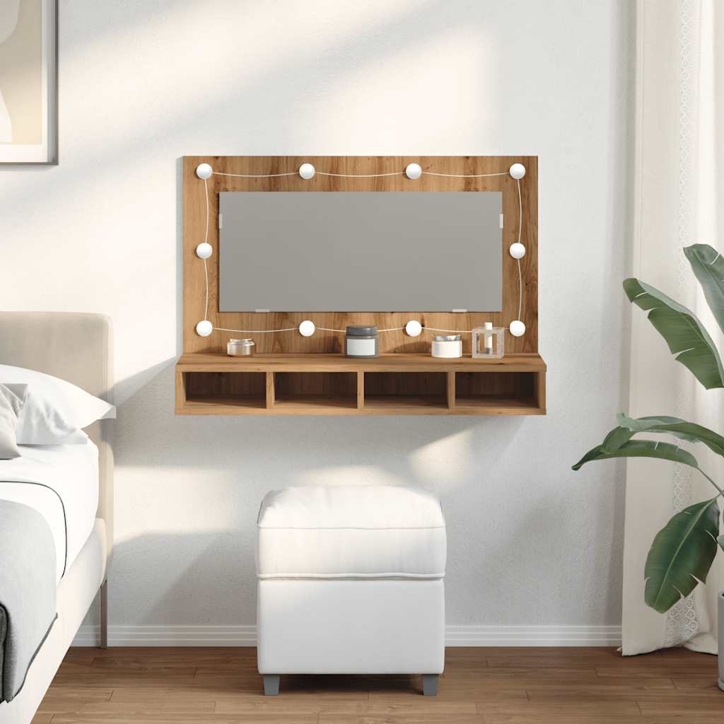 Mobiletto a specchio con LED in rovere artigianale 90x31,5x62cm