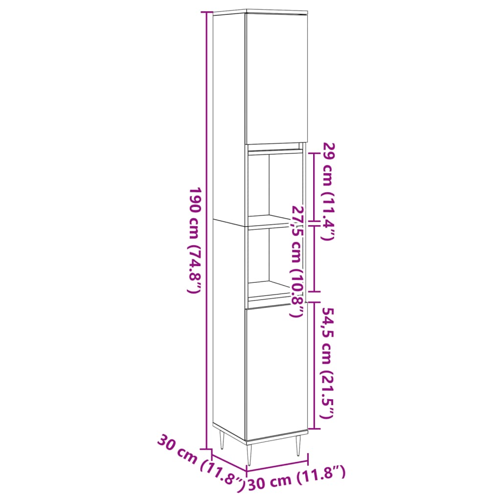 Armadietto Bagno Grigio Cemento 30x30x190 cm Legno Multistrato | homemem39